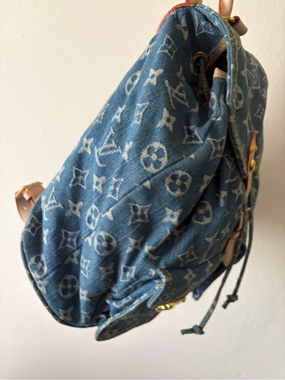 Stylish Fashion Denim Backpack with Tan Leather Trim - Picture 4 of 14